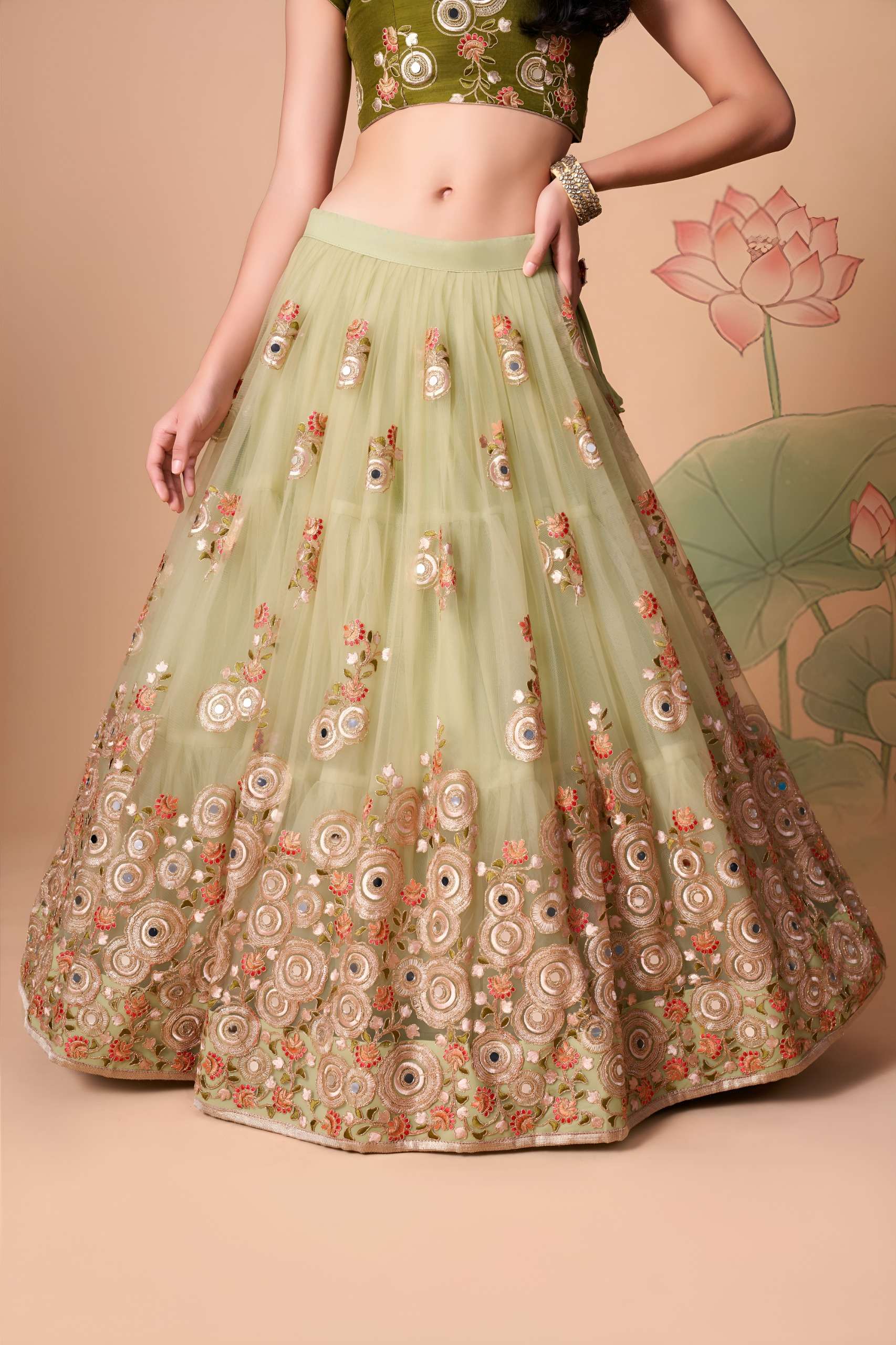 Pista Green & Mehandi colour fancy net lehenga choli Lehenga Choli with Mirror and Embroidered work on Lehenga Choli best rate 7326 Pista Pista Green & Mehandi colour fancy net lehenga choli Lehenga Choli with Mirror and Embroidered work on Lehenga Choli best rate 7326 Pista